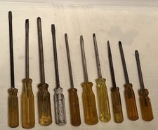 10 Vintage Flat Head & Phillips Slotted Yellow Grip Various Size Screwdrivers