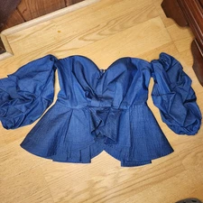 Gracia Denim Off Shoulder Top Puff Sleeves Bustier Couture