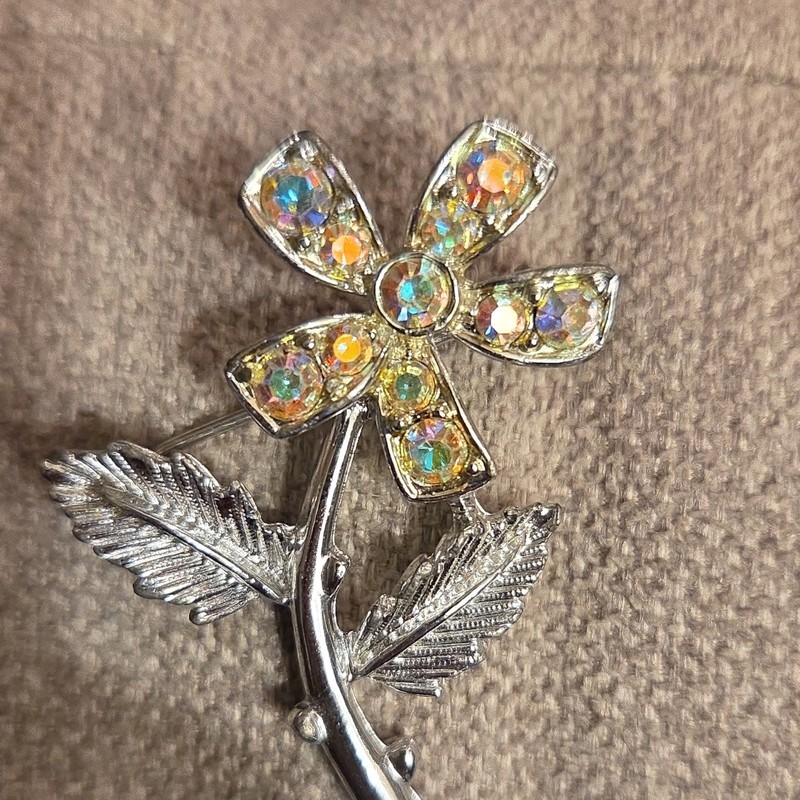 Silver Tone Flower Brooch Pin with Multicolor Round Rhinestones Sarah Coventry