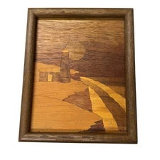 Vintage Wood Inlay Art Sunset LightHouse Framed Wood Art Signed By Artist