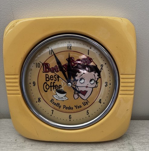 Betty Boop Metal Wall Clock Best Coffee Retro Kitchen Yellow Frame WORKS GREAT