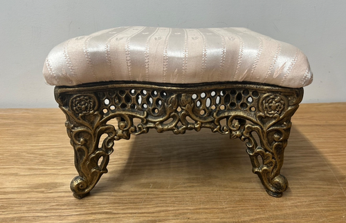 VTG Victorian Style Cast Iron Footstool Pink Striped Silk Satin