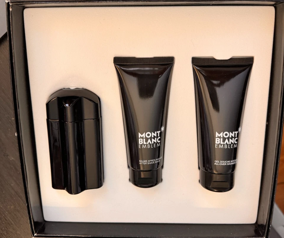 Montblanc emblema fragrância masculino 3 peças conjunto de presente bálsamo de barbear gel de banho novo-LEIA - Imagem 2 de 4
