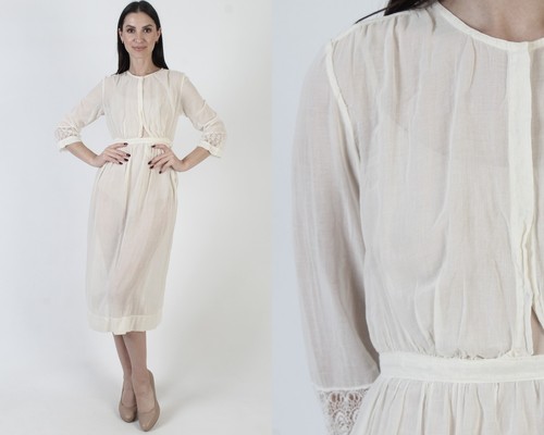 Vtg 1900 Edwardian Dress Off Wht Victorian Bridal Wedding Lawn Tea Antique Gown