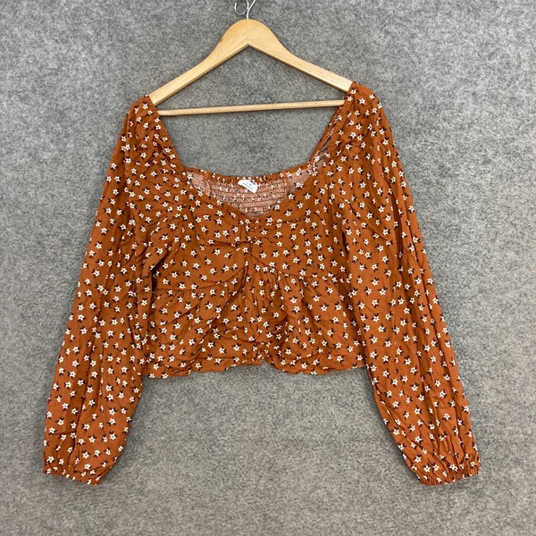 Cotton On Top Womens Large Brown Floral Off Shoulder Cropped Long Sleeve 6113