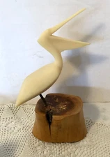 John Perry Pelican Sculpture Wood Stump Tropical Figurine - Vintage