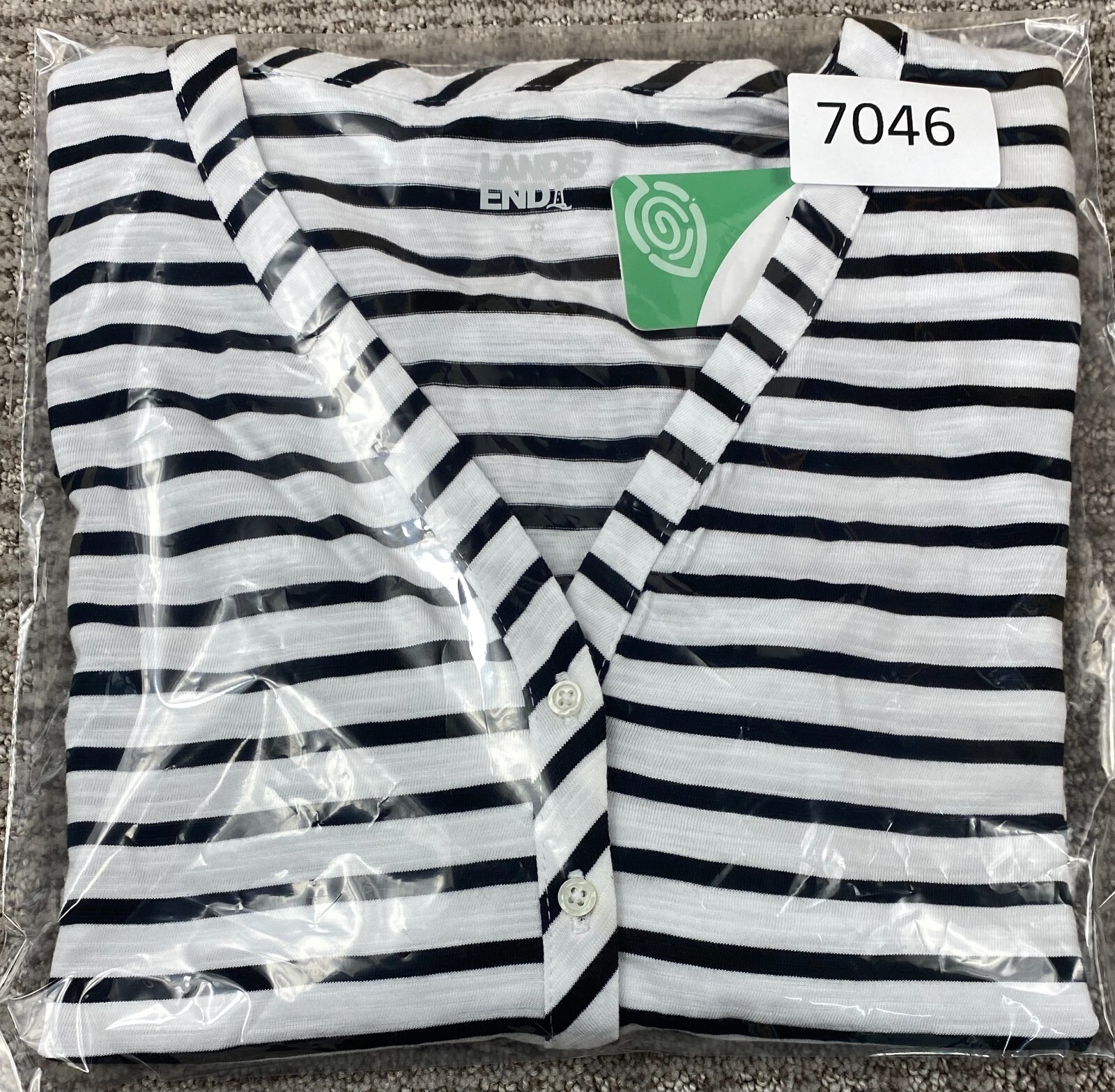 New Lands' End Womens' Knit Button 3/4 Sleeve White Stripe Henley Top