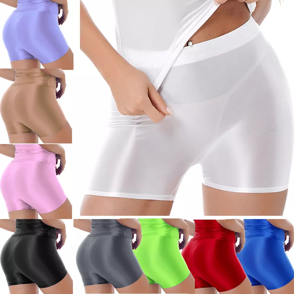 Women Oil Glossy High Waisted Booty Bike Shorts Gym Running