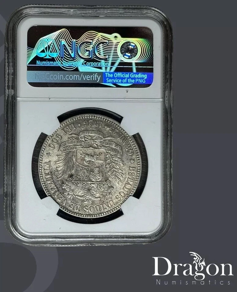 Moneda de plata antigua de 5 bolívares Venezuela 1926 Simón Bolívar NGC AU53 🐉 Foto 2 de 2