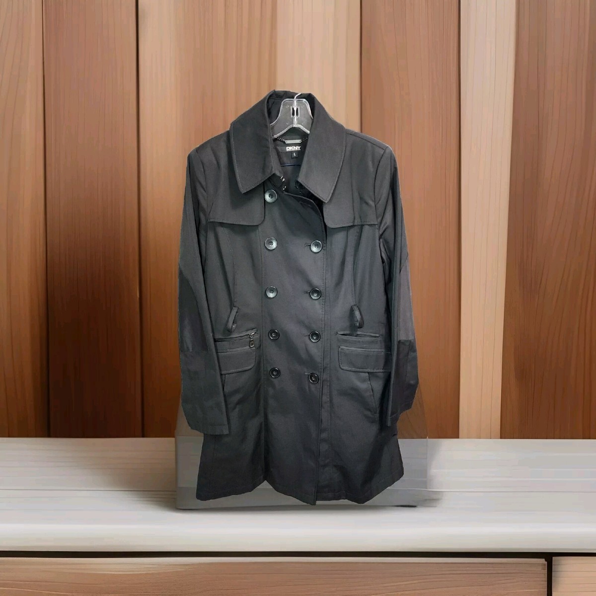 DKNY Womens Black Double Breasted Black Knee Length Trench Coat Lined Size L