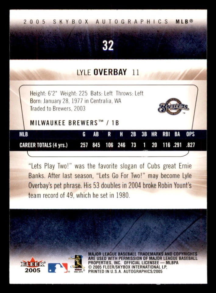 2005 SkyBox Autographics #32 Lyle Overbay Milwaukee Brewers - Image 2 of 2