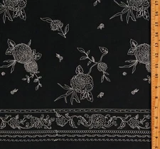 Embroidered Single Border White on Black Floral Vines Fabric by Yard D168.33
