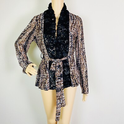 Alberto Makali Jacket Medium Black Brown Animal Print Faux Fur Stretch Belted
