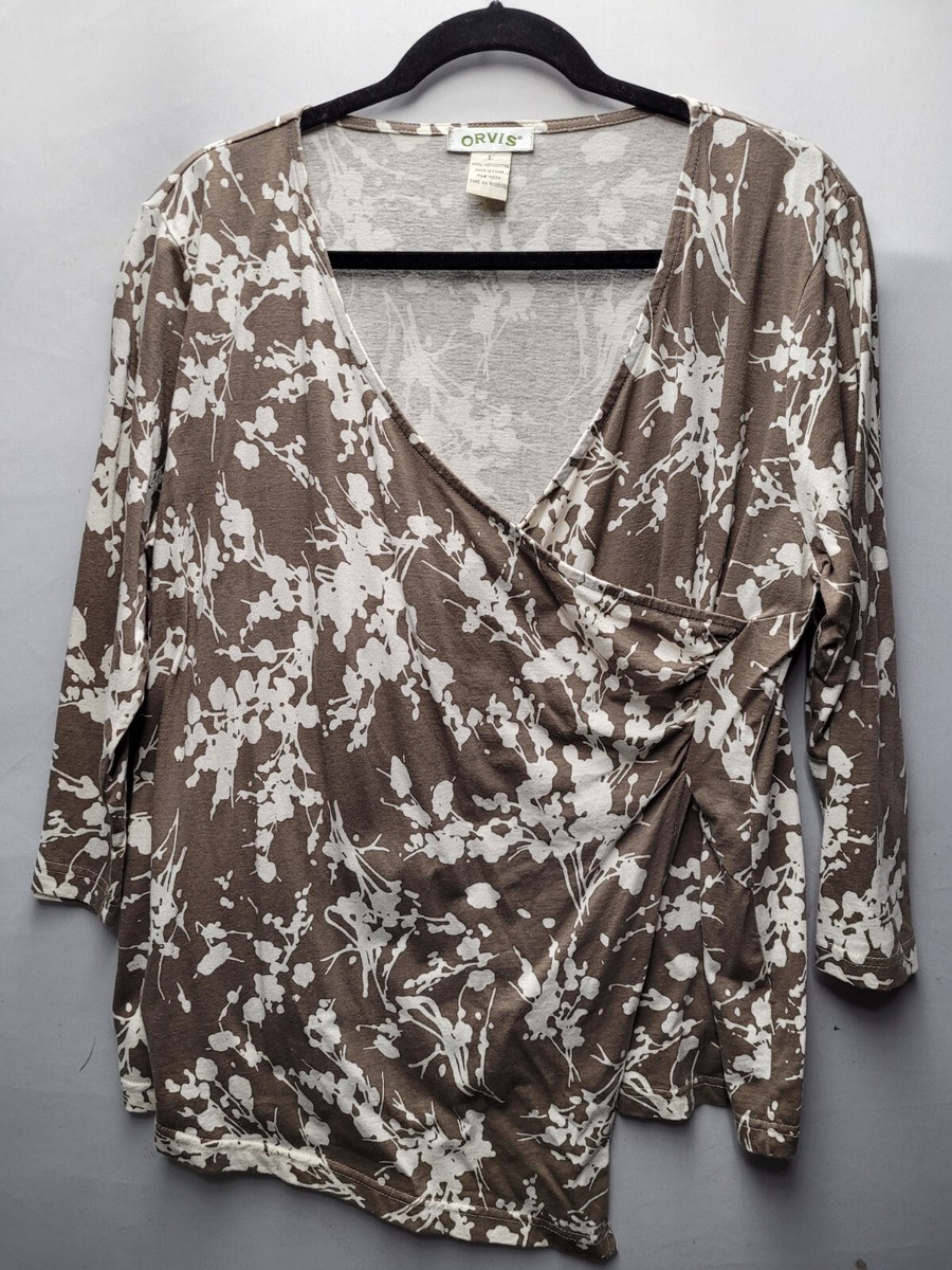 Orvis Womens Large Brown White Flower Print Asymmetrical Faux Wrap Top 1881
