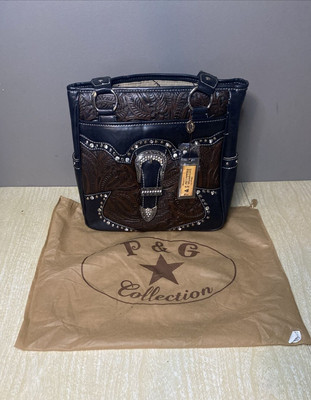 P & G Collections Western Style Brown Leather Purse w/Metal & Faux Diamond Studs