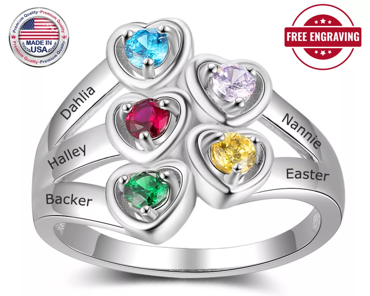 Engraved Kids Name Mother Rings | Personalized Heart Birthstone Ring | –  Belbren