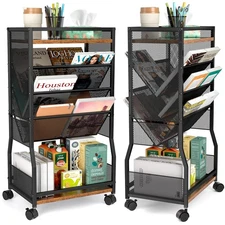 8 Tier Rolling Book Cart with Wheels, Mobile Book Storage Cart with 2 Sides A...