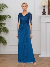 Betsy & Adam NWT SZ 16 Blue Lace Cape Sleeve Formal Evening Gown Maxi Dress MOB