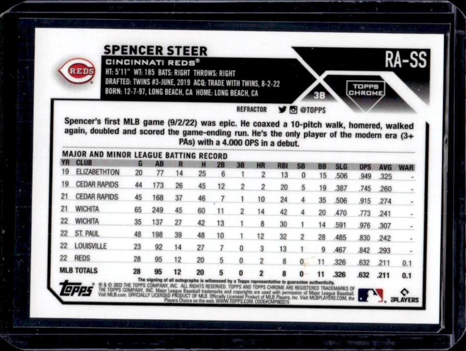 2023 Topps Chrome Spencer Steer Rookie Auto RC Refractor Rookie #78/499 Reds - Image 2 of 2