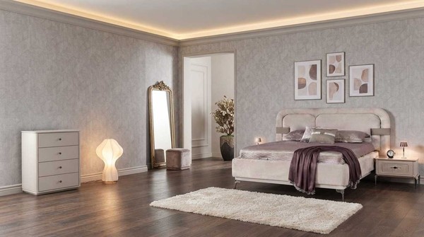 Bett 2X Nachttisch Kommode Beige Modern Luxus Schlafzimmer Set-image