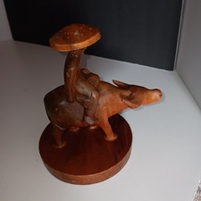 Vintage Asian Hand Carved Wood , Farmer/ Boy Riding Water Buffalo Or Ox.