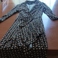 Karen Kane XS Green Geometric Wrap Dress V-Neck Ruched Stretch 3/4 Sleeve