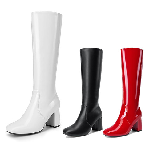 Women Square Toe Low Chunky Block Heel Gogo Boots Zip Up Knee High Boots