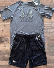 NWT Under Armour YXL Gray/Black/White BIG LOGO Shorts Set XL