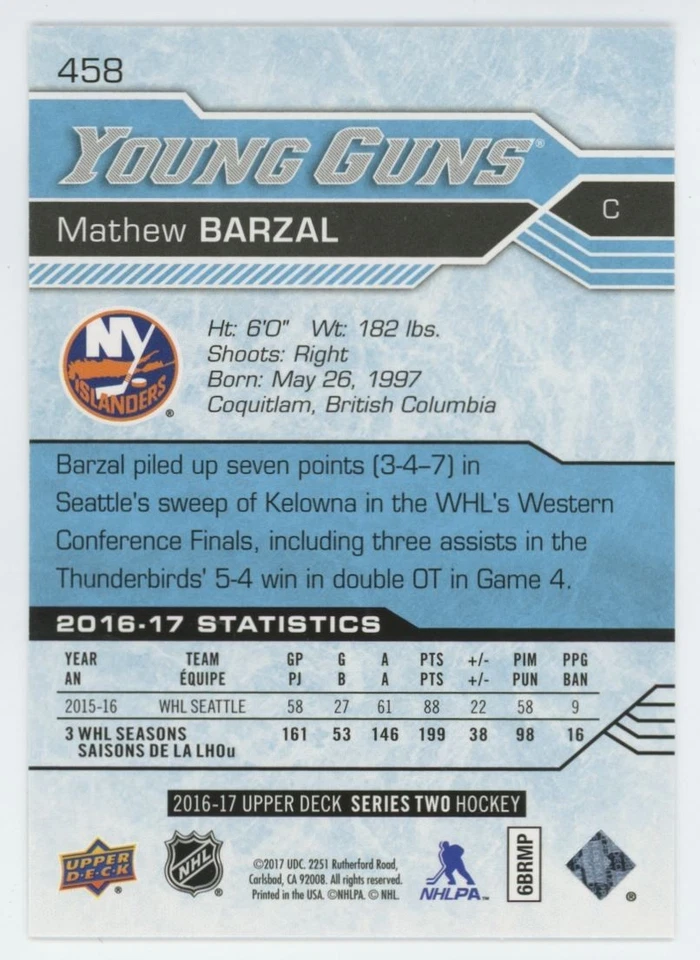 2016-17 UPPER DECK Mathew Barzal YOUNG GUNS RC ROOKIE - Image 2 of 2