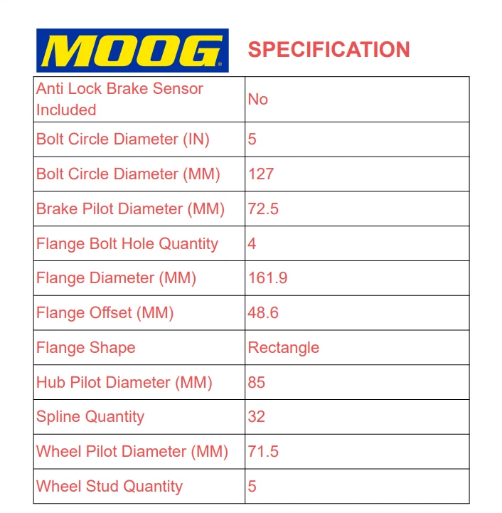 Conjunto de cojinete y buje de rueda delantera MOOG para Dodge Journey 2009 2010-20 Foto 3 de 4