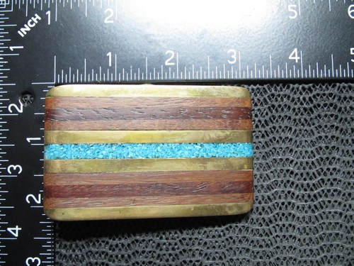 ABSTRACT EXOTIC WOOD TURQUOISE BRASS HIPPIE BELT BUCKLE! VINTAGE! RARE! HANDMADE - Picture 9 of 9