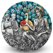 2025 Niue Divine Beauty Hera 2 oz Silver Antiqued Gilded Coin w/Crystal Inserts
