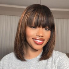 12 Inch Short Bob Wig with Bangs Human Hair Brown Highlight Wig 2.5x1 Inch Lace