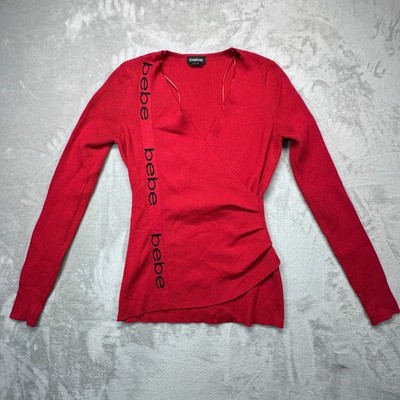 Bebe Faux Wrap Sweater Womens Medium Red Ribbed Long Sleeve Side Ruched V Neck