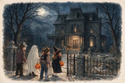 ''Scary Mansion'' - Halloween Postcard 4x6 Art Rust & Lantern Original