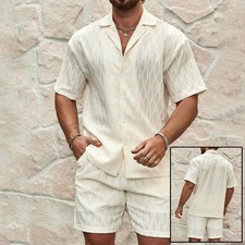 Men  s Summer Tracksuit Set   Casual Solid Two-Piece Outfit with Lapel Shirt