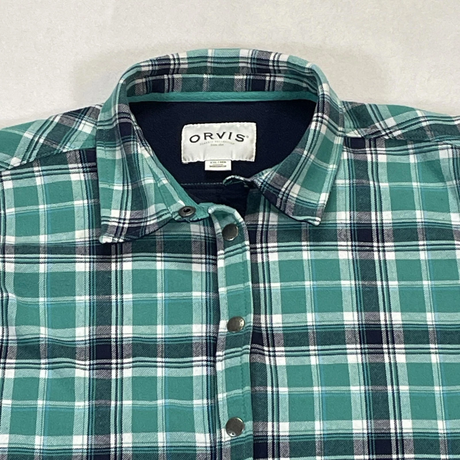 Orvis Jacket Mens 2XL Green Plaid Flannel Classic Collection Fleece Lined Snap