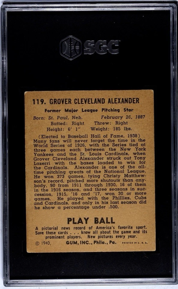 1940 Play Ball Grover “Ol Pete” Alexander SGC 4 #119 - Image 2 of 2