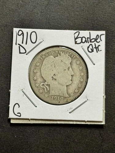 1910 D Barber Silver Quarter Nice G+ Good U.S. 25c Type Coin (Raw18252)