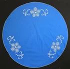 Handmade Embroidered Round Tablecloth Blue With White Flowers 42" Across Vintage