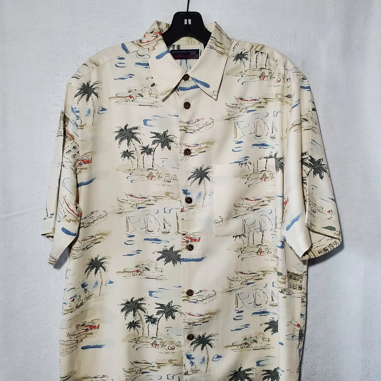 Roundtree & Yorke Collection Shirt Mens Medium Silk Cotton Hawaiian Button Beige