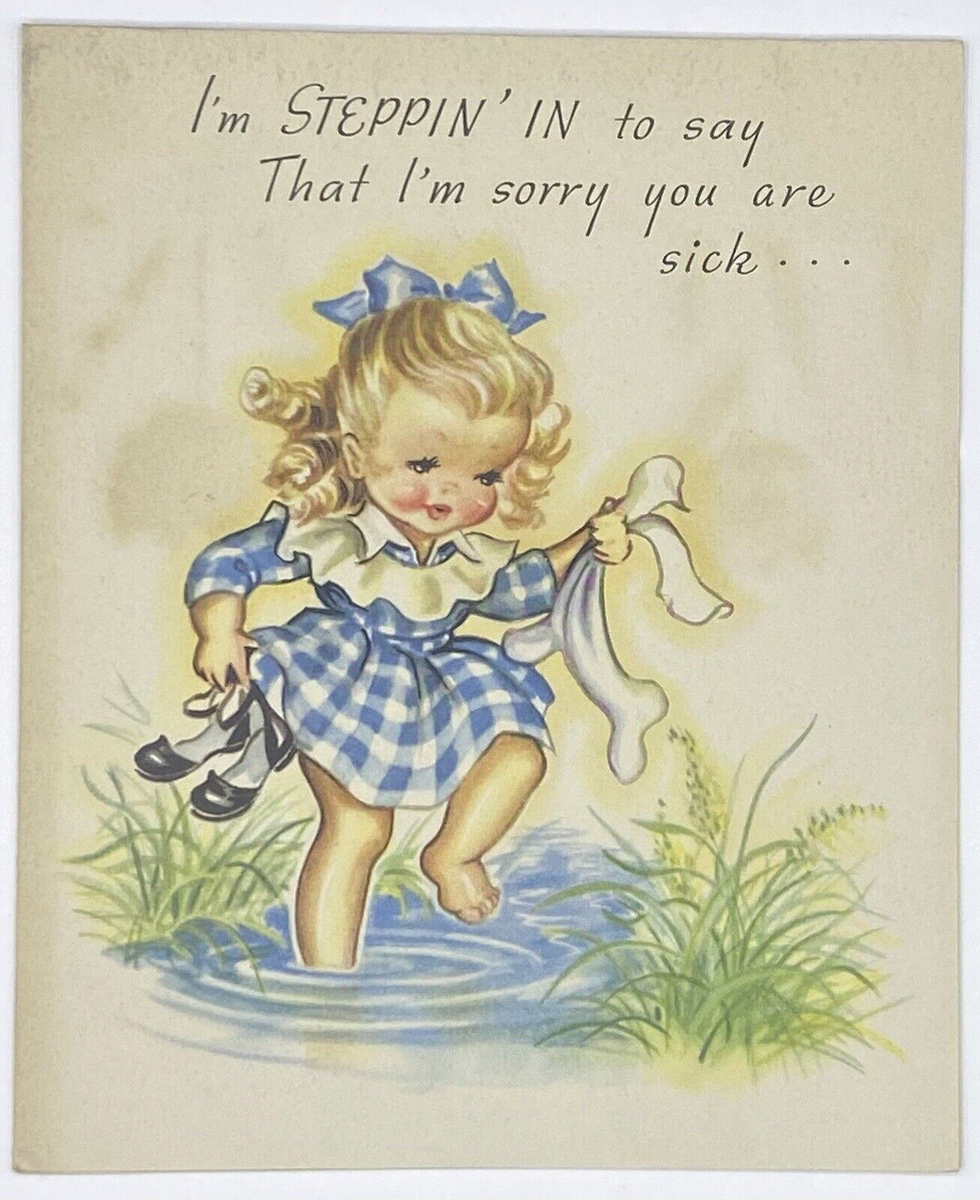 Vintage Greeting Card 1940s Little Girl Blue Plaid Dress  display picture 2