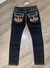 Rock Revival Jeans Quince Biker Black Denim Embroidered Flames Fire Men Sz 34x32
