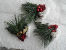 Handmade Christmas Ornament - 3 WOOD CHRISTMAS TREES w/PINE SPRIG,BERRIES & DOG
