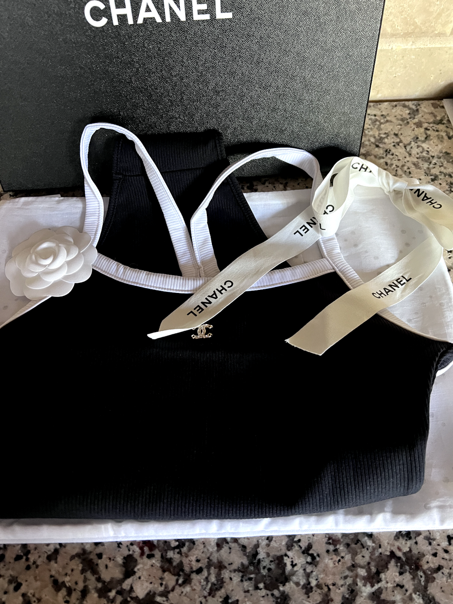 CHANEL 22S NEW TAG BLACK ONE-PIECE SWIMSUIT ECRU TRIM
