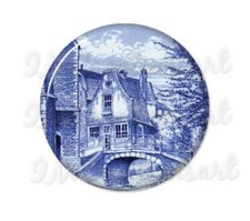 Delft Art Country House Bridge Handmade Handheld Mirror, Magnet, or Pin 2.25"