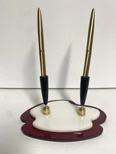 Mid Century Modern MCM Pen Desk Set Red Acrylic Base with Gold Accents