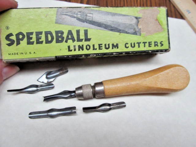 Vintage Speedball Linoleum Cutter & Set of 5 blades Original box ~ Letterpress
