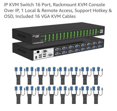 IP KVM Switch 16-Port Rackmount Console, Local + Remote Access, 16 VGA Cables
