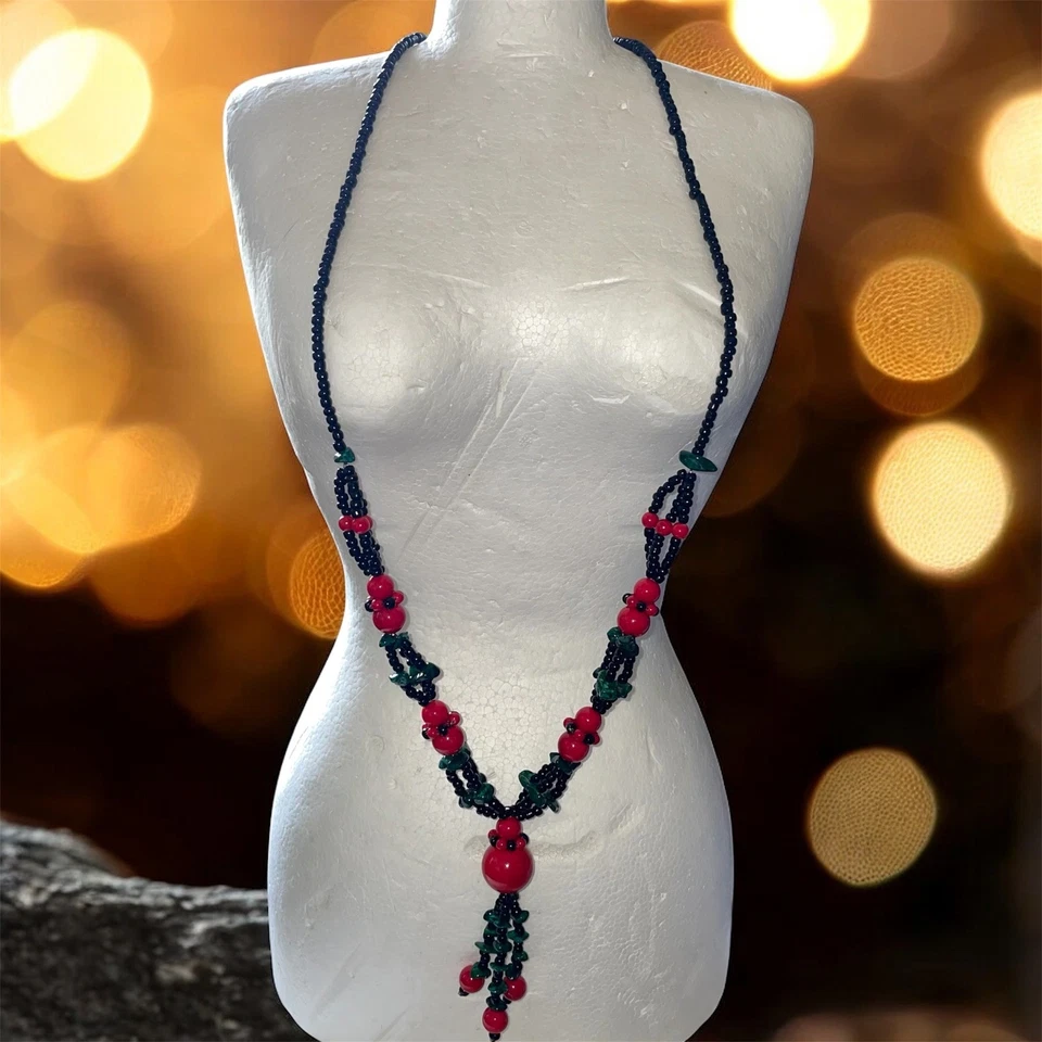 Collar Art Deco Vintage Cuentas Rojo Cereza Negro Verde Colgante Piedra Cerámica Foto 2 de 4